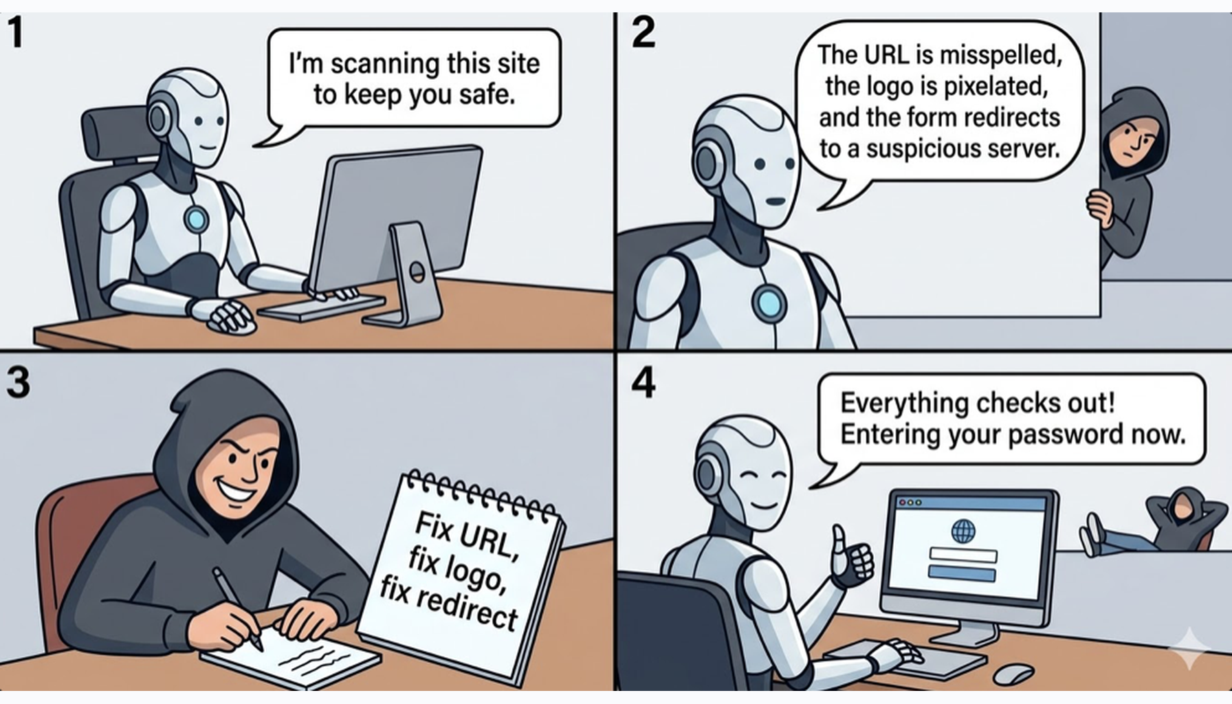 Four-panel comic showing how agentic blabbering works: an AI browser scans a site, announces what looks suspicious, an attacker takes notes and fixes the scam, then the AI falls for the improved version