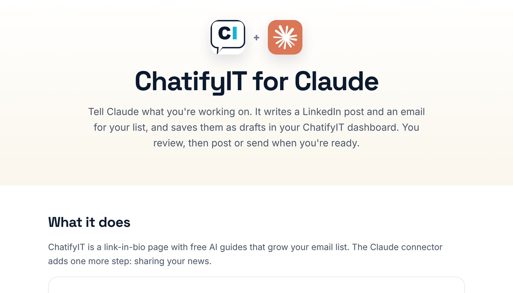 The ChatifyIT for Claude page, showing the ChatifyIT and Claude logos above the headline ChatifyIT for Claude