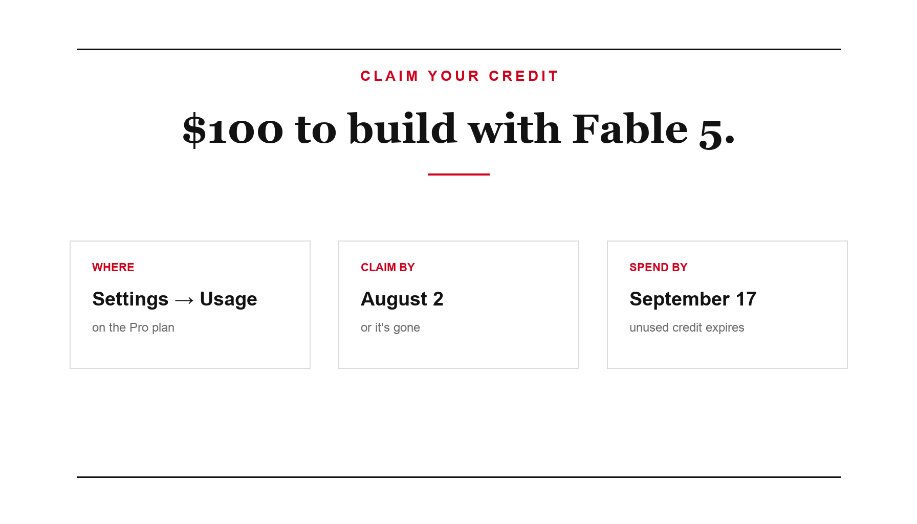 Anthropic is giving Claude Pro users $100 in credits to build with Fable 5 — claim by August 2, spend by September 17
