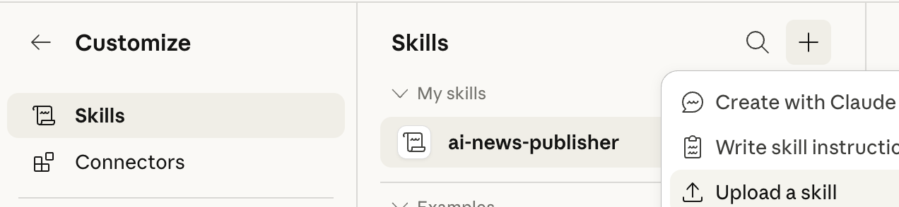 Claude Skills menu showing Customize, Skills, and upload options