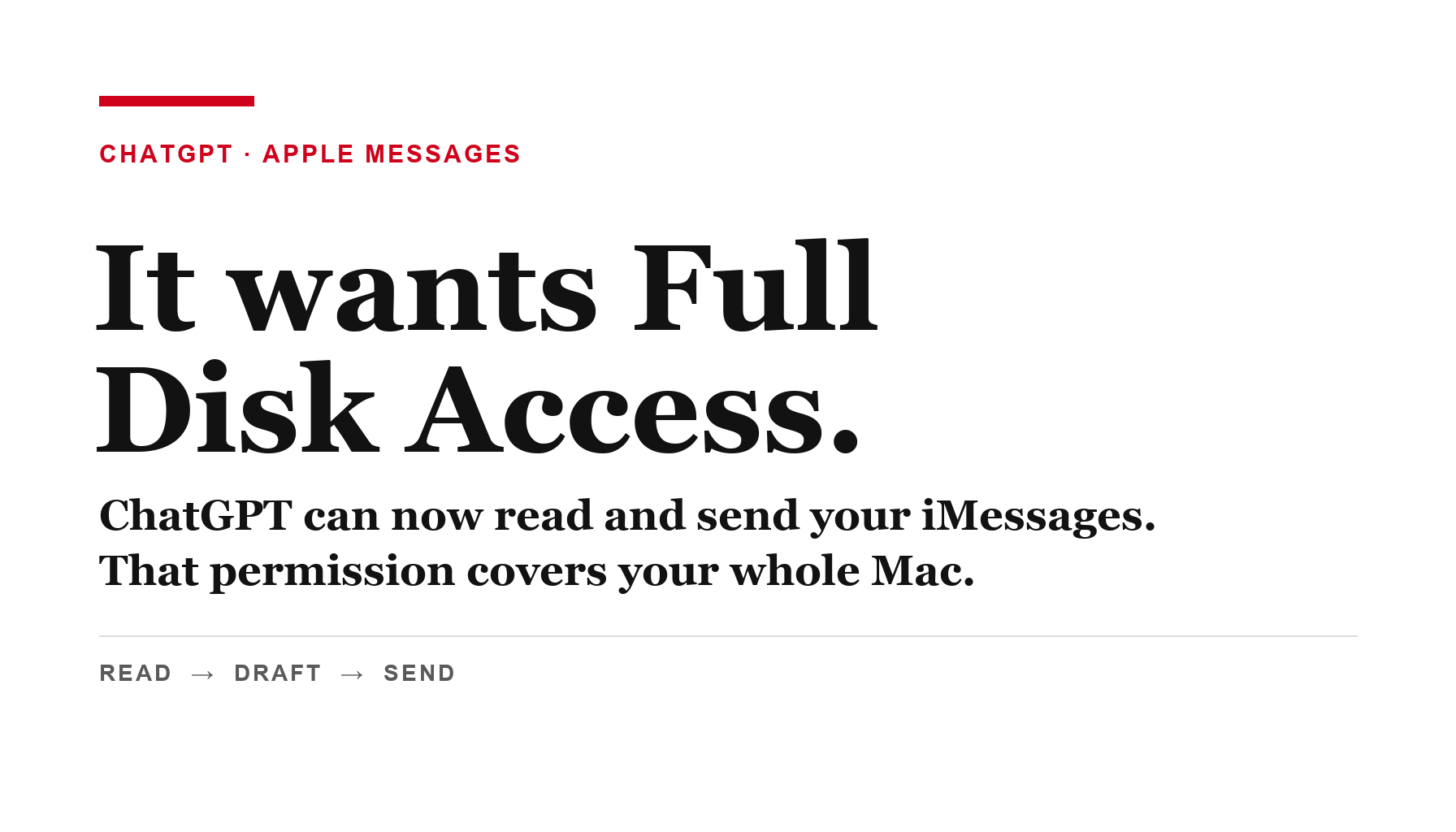 Editorial graphic reading: It wants Full Disk Access.