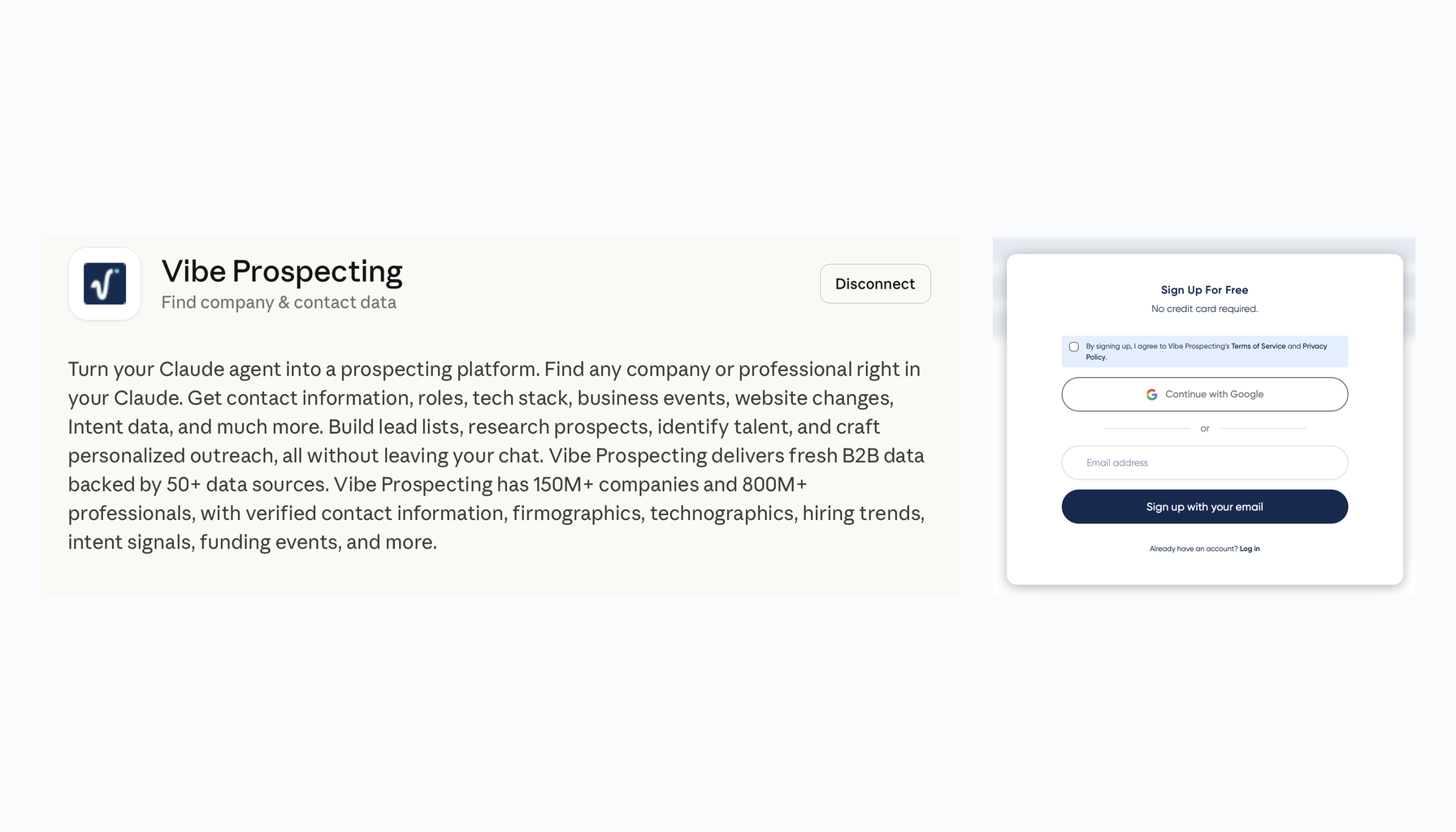 Vibe Prospecting connector description and free signup screen inside Claude settings