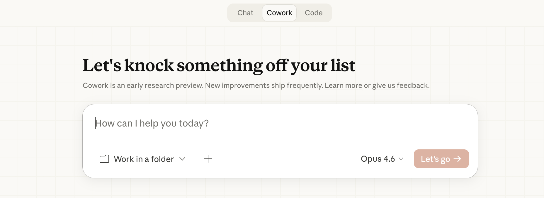 Claude Cowork tab showing the Work in a Folder button
