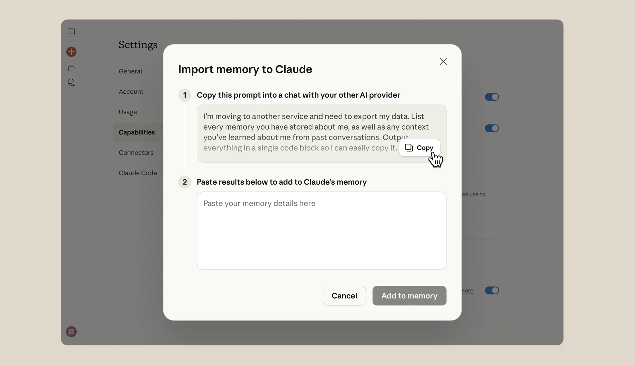 Claude's Import Memory dialog showing the two-step process: copy the prompt to your other AI provider, then paste the results back into Claude