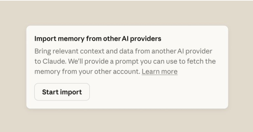 Claude Settings showing the Import memory from other AI providers option with a Start Import button