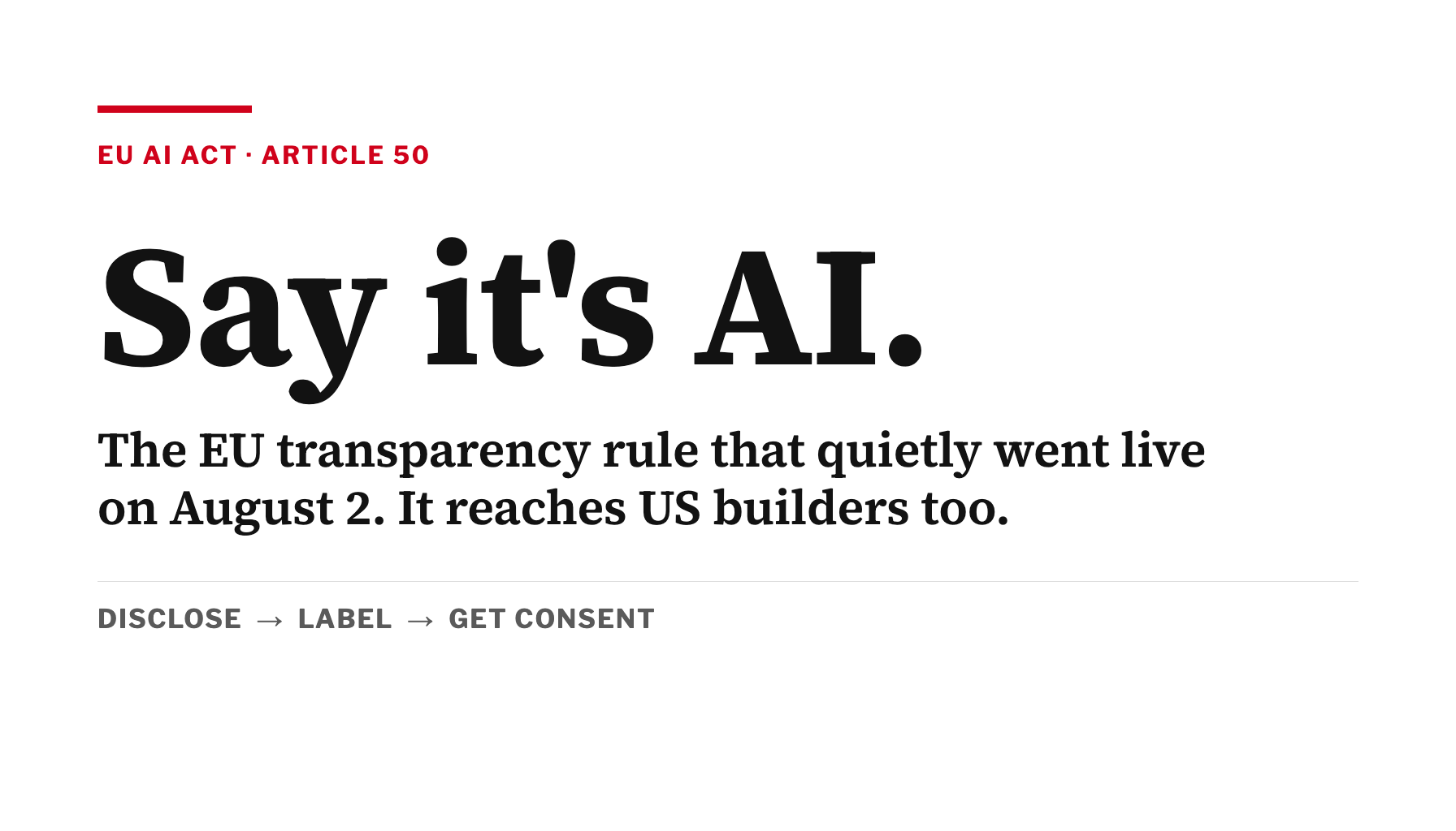Editorial graphic reading Say it's AI, EU AI Act Article 50.