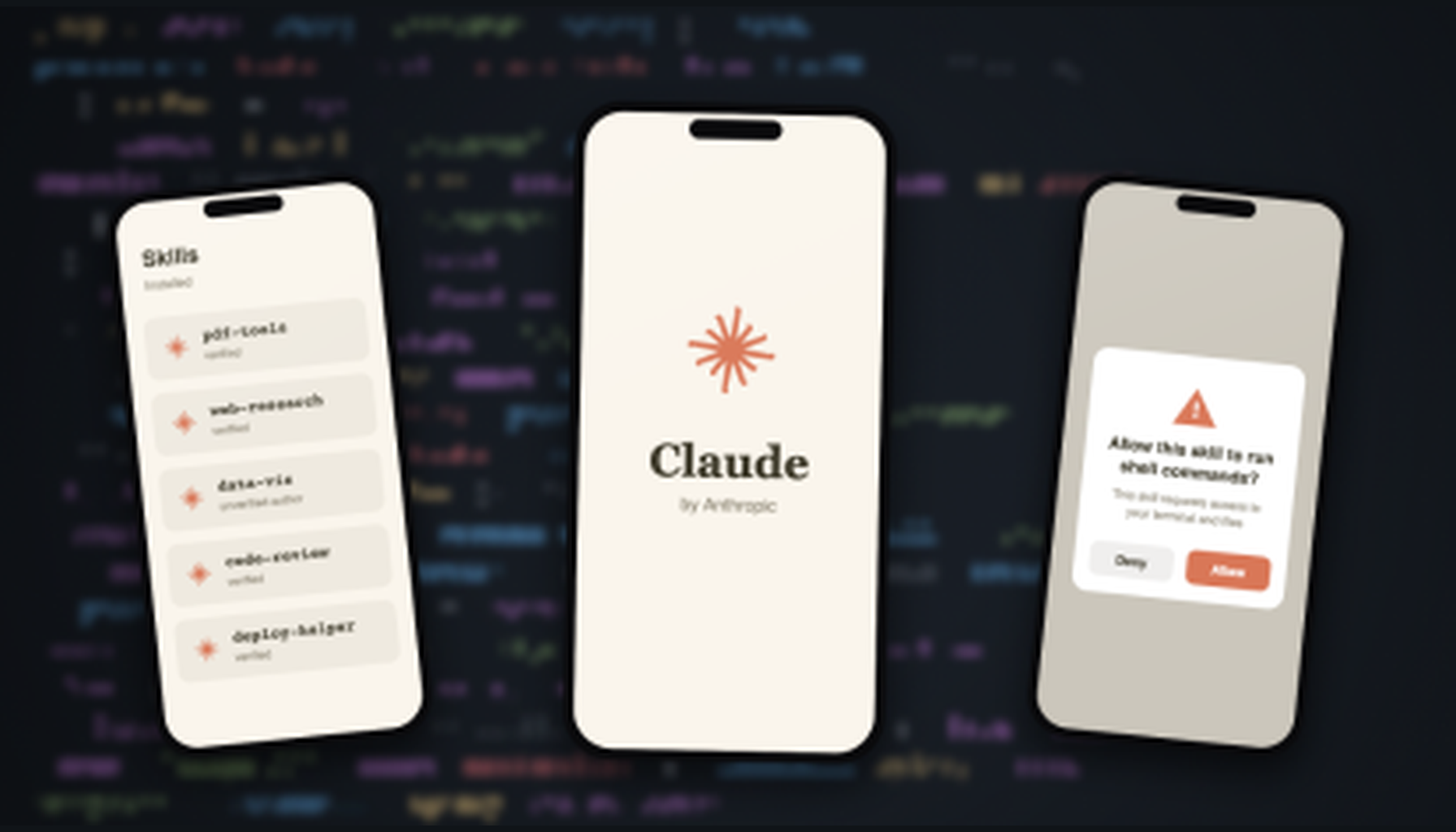 Three phones showing a Skills list, the Claude app, and a warning asking whether to allow a skill to run shell commands