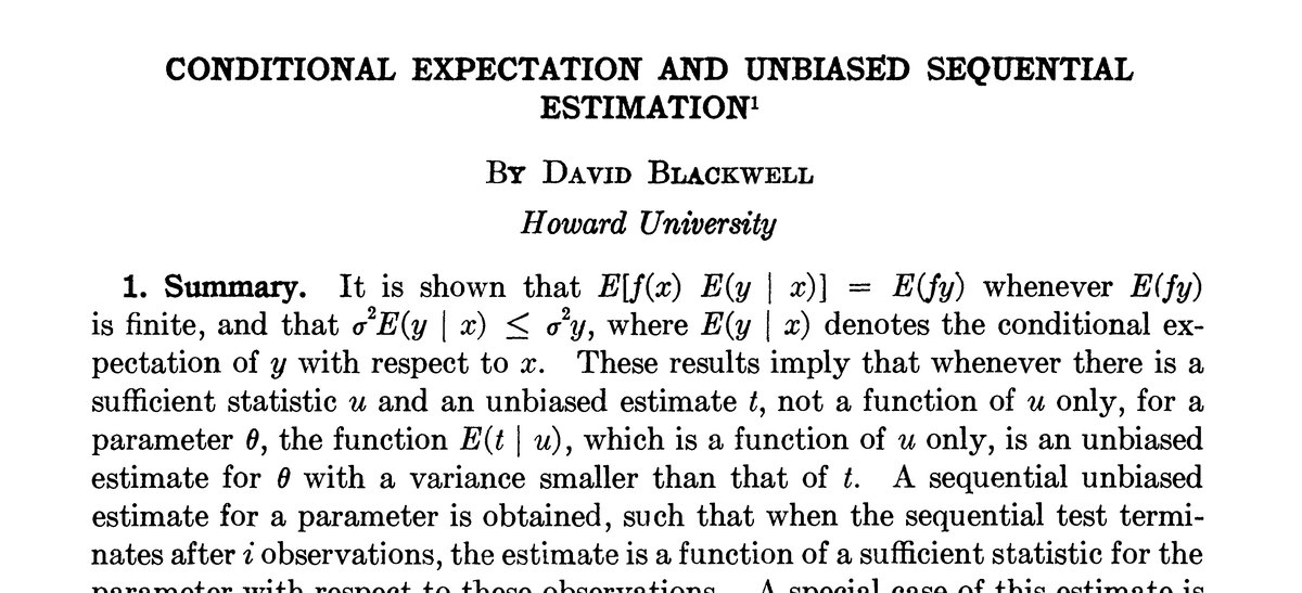 Title of the 1947 paper Conditional Expectation and Unbiased Sequential Estimation, by David Blackwell, Howard University