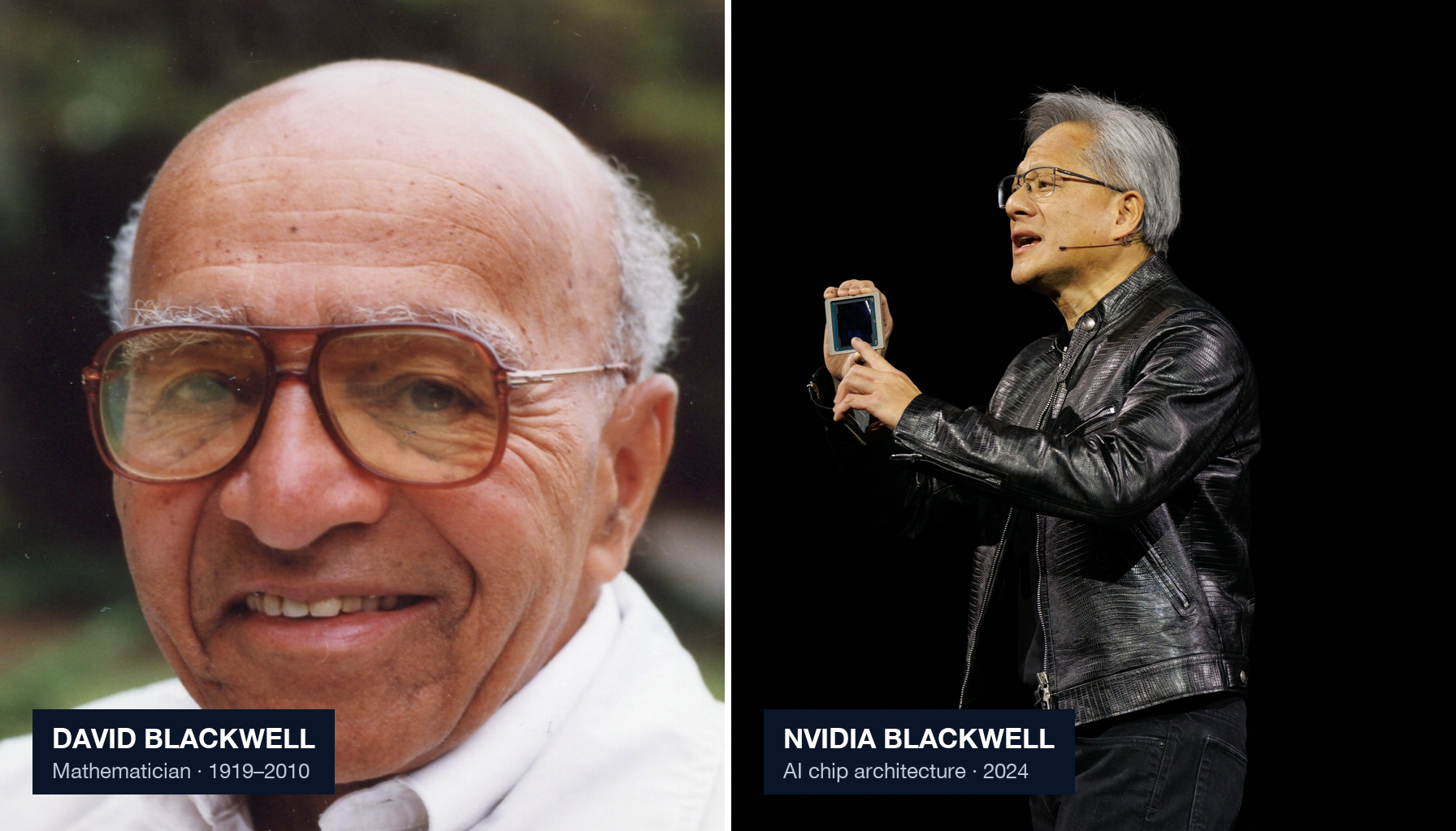 Side-by-side photos: mathematician David Blackwell, and NVIDIA CEO Jensen Huang holding up a Blackwell chip