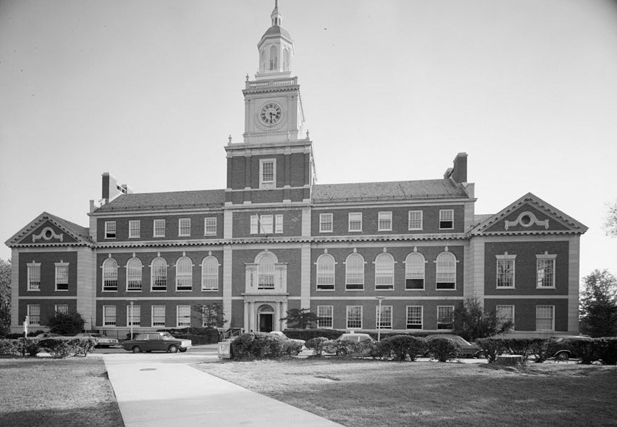 Founders Library at Howard University, black and white photograph