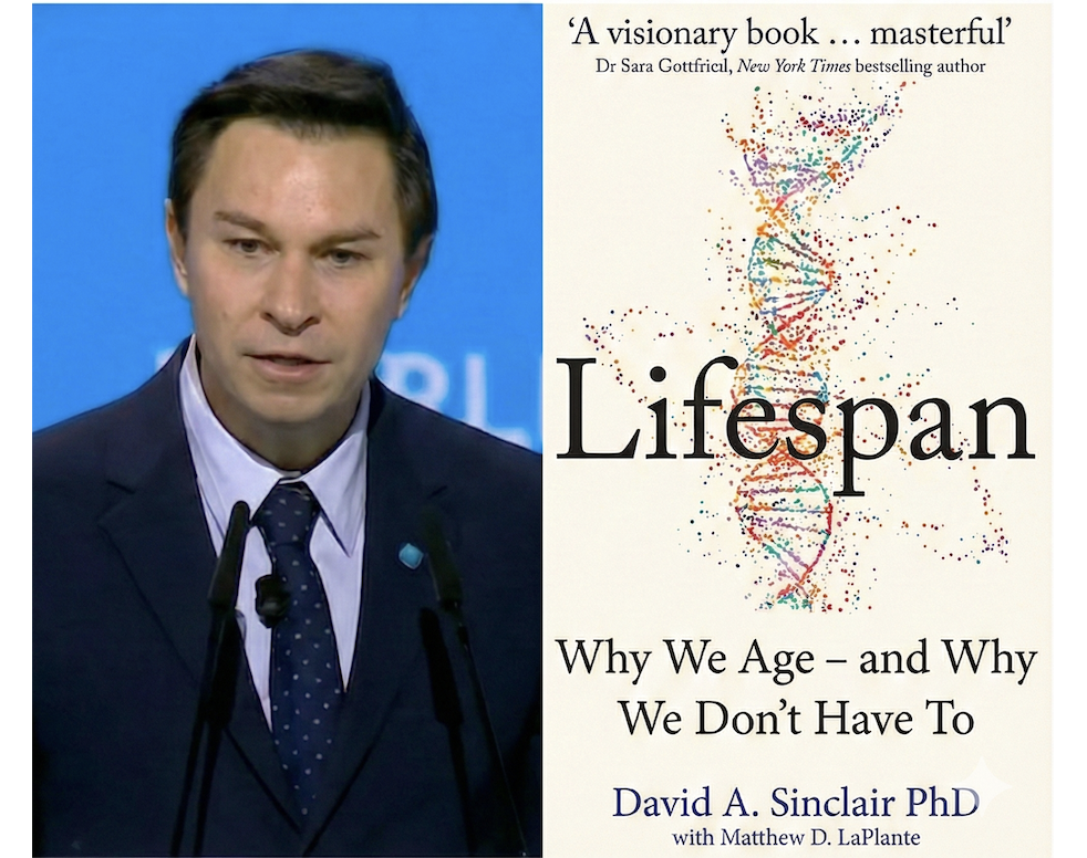 David Sinclair at the World Governments Summit alongside his book Lifespan
