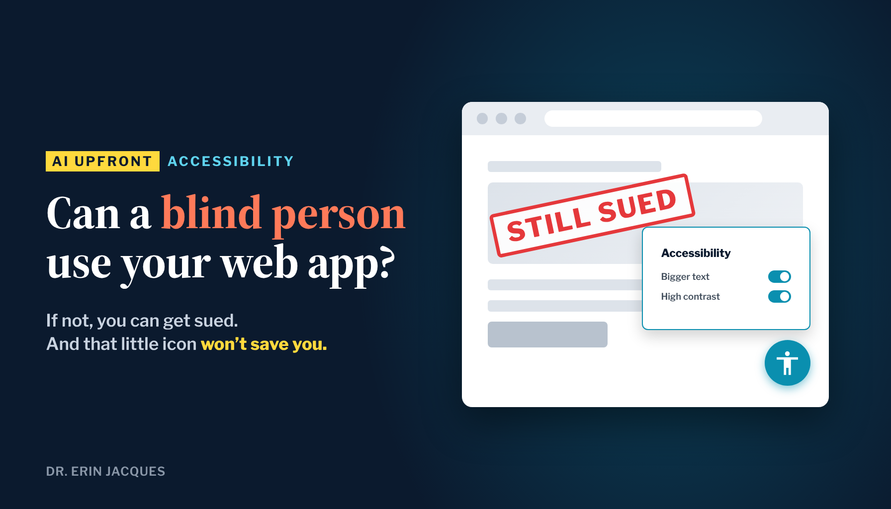 A web page with an accessibility icon panel open and a red stamp reading Still Sued, next to the question: Can a blind person use your web app?