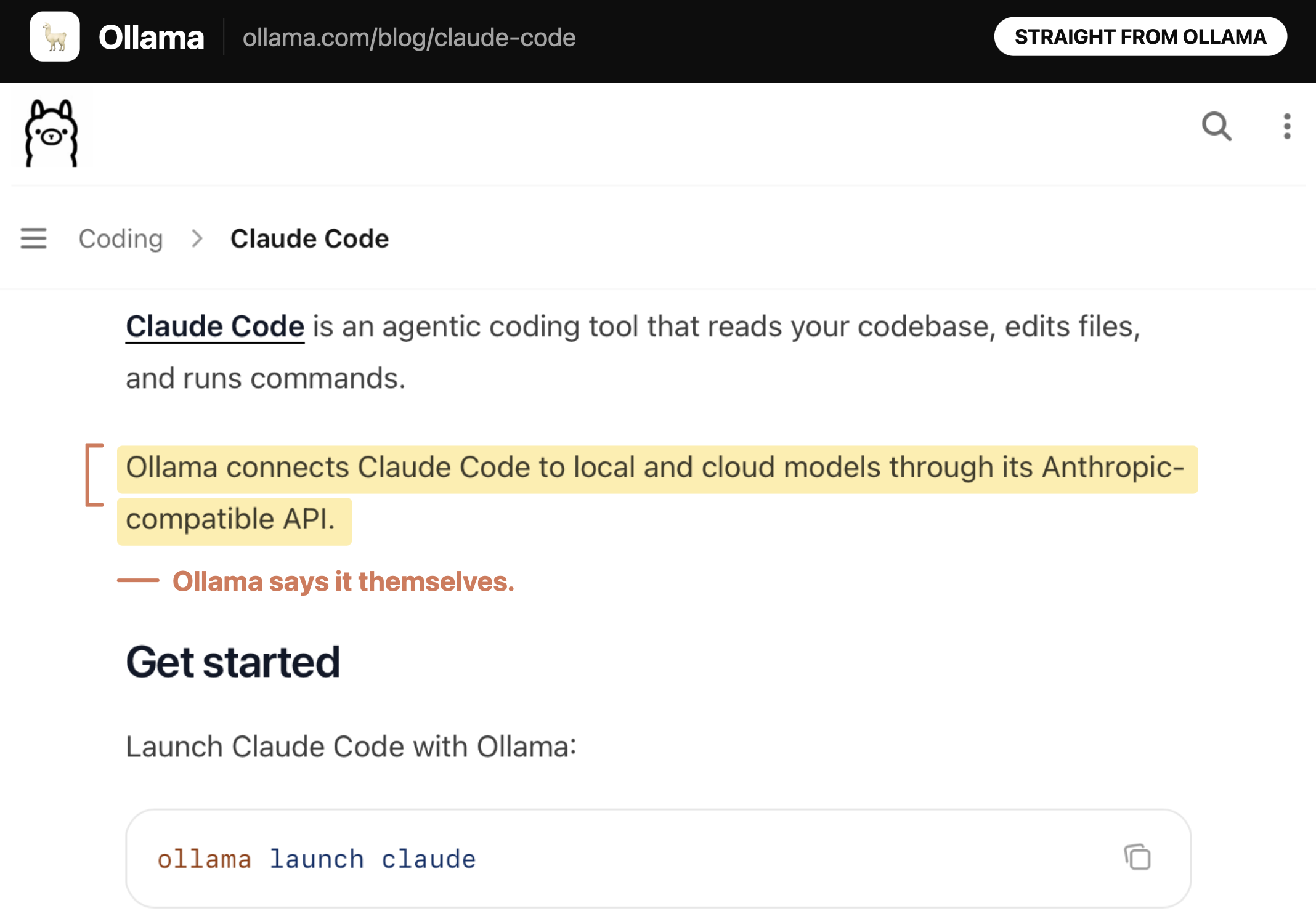Ollama's official page stating it connects Claude Code to local and cloud models