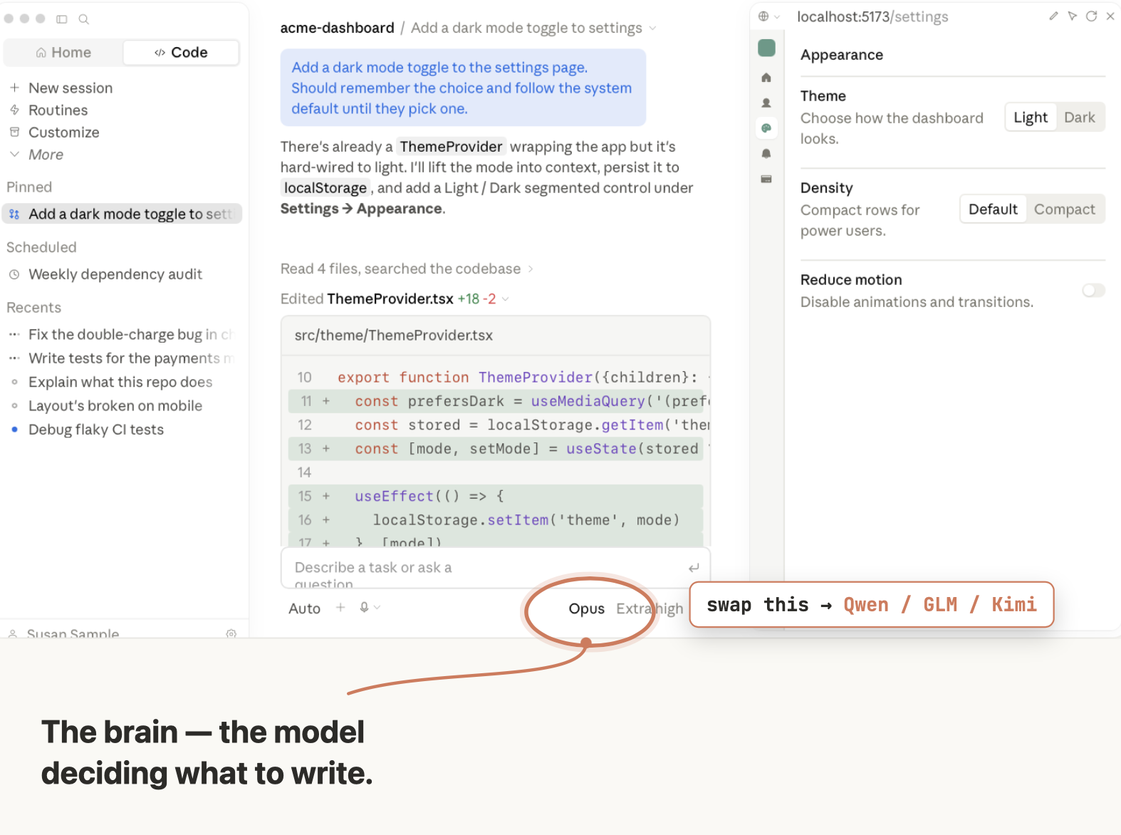 The same Claude Code window with a note to swap Opus for Qwen, GLM, or Kimi
