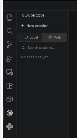Claude Code panel with Local selected and New session