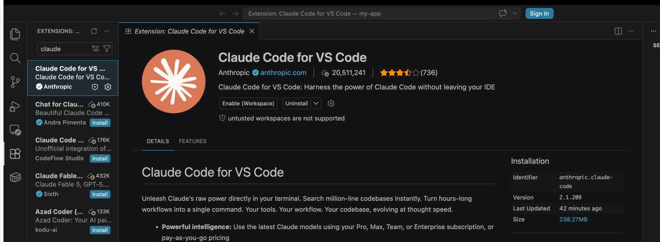 Claude Code extension page with the Enable (Workspace) button