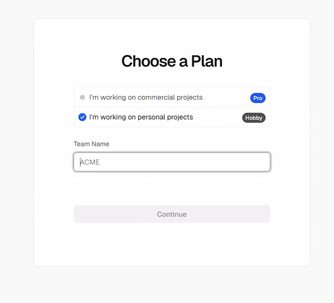 Vercel Choose a Plan screen with personal projects Hobby selected