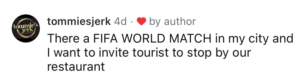 tommiesjerk: There a FIFA WORLD MATCH in my city and I want to invite tourist to stop by our restaurant